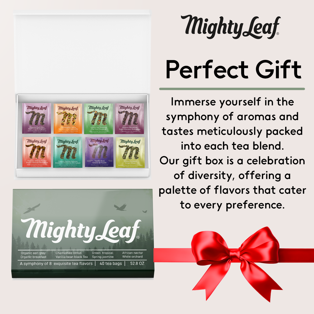 Mighty Leaf Tea Gift Box - 8 Flavor Variety Pack, 5 Pouches Each
