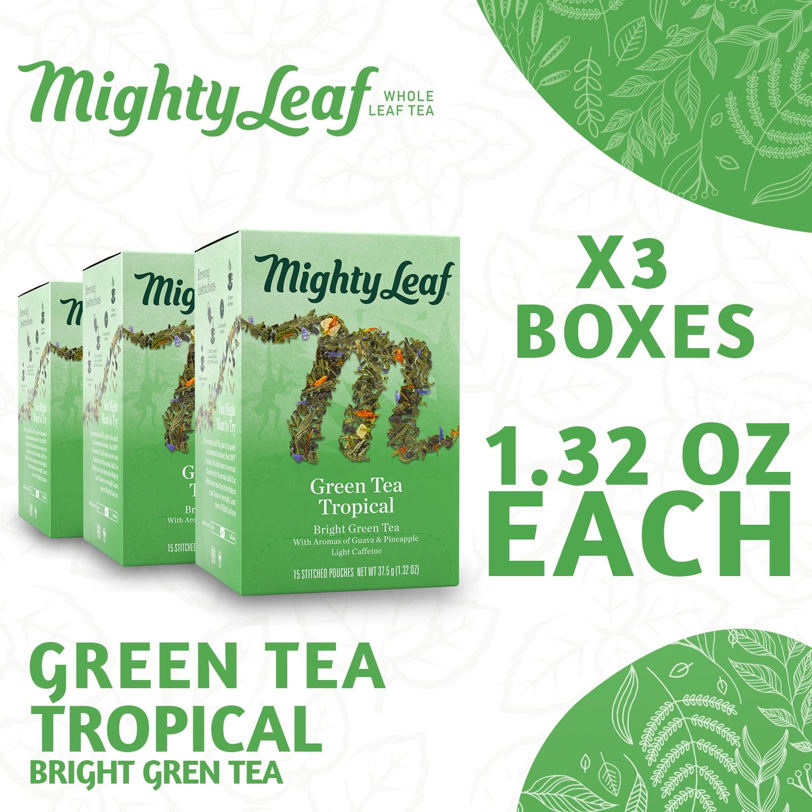 Mighty Leaf Green Tea Tropical - 45 Pouches | Refreshing Tropical Blend