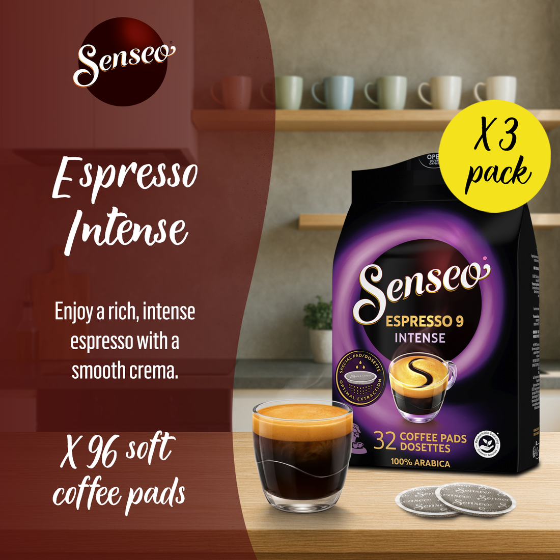 Senseo Espresso Intense, 96 Count (3 Packs of 32), Bold Dark Roast Coffee Soft Pods Compatible with PeleCom Coffee Machine