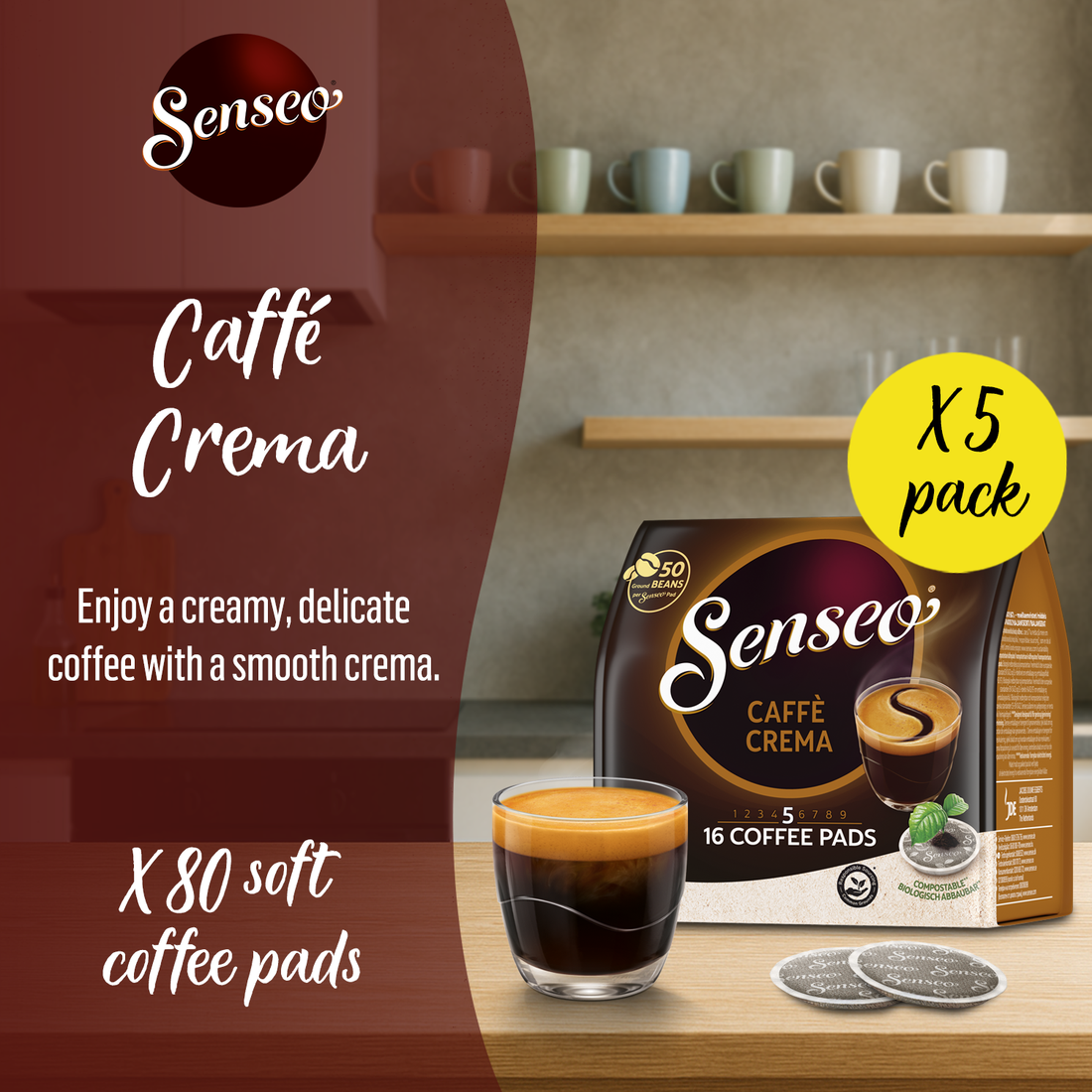 Senseo Caffe Crema Coffee Pods, 80 Count (5 Packs of 16), Smooth & Aromatic Medium Compatible with PeleCom Coffee machines