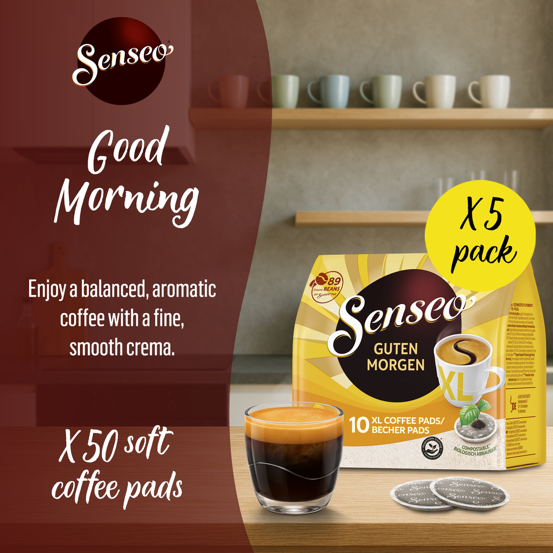 Senseo Good Morning XL Strong & Intensive Coffee Pods, 50 Count (5 Packs of 10) Compatible with PeleCom Coffee Machines