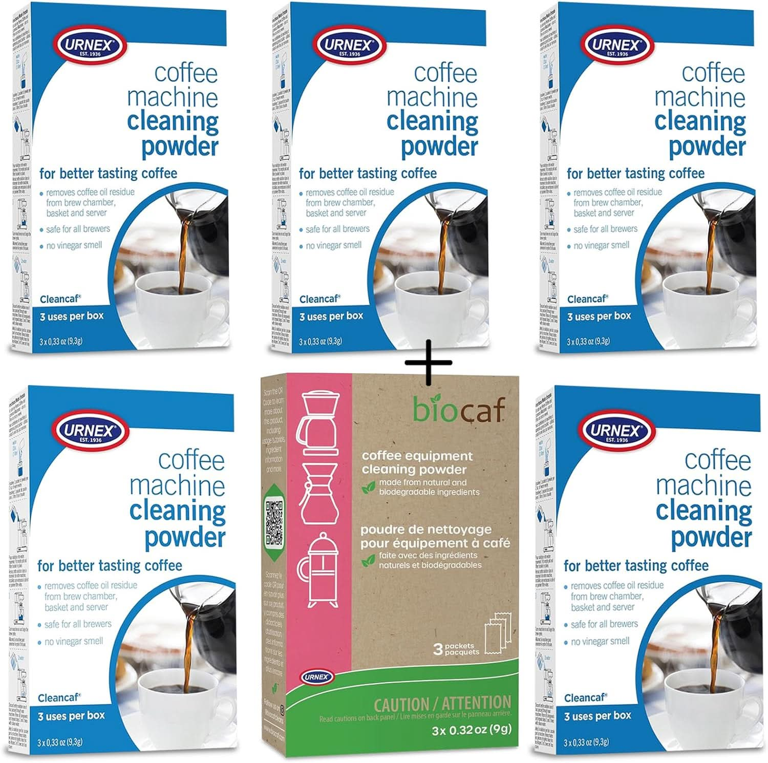 Urnex Cleaning Powder Cleancaf and BioCaf Espresso Machine Cleaner 6 Pack