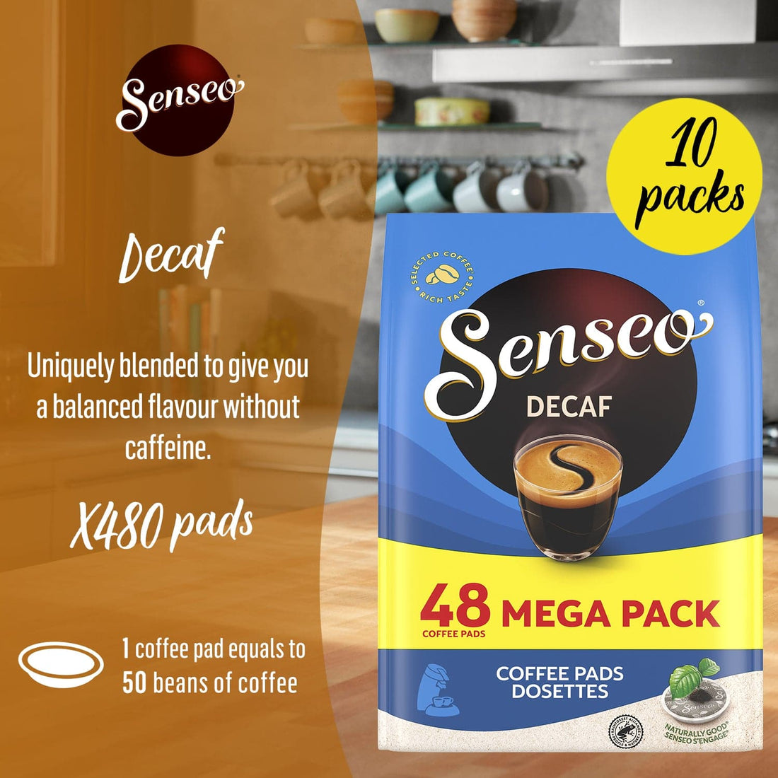 Senseo Decaf Coffee Pads - 48 x 10 Pods Pack | Smooth & Caffeine-Free 