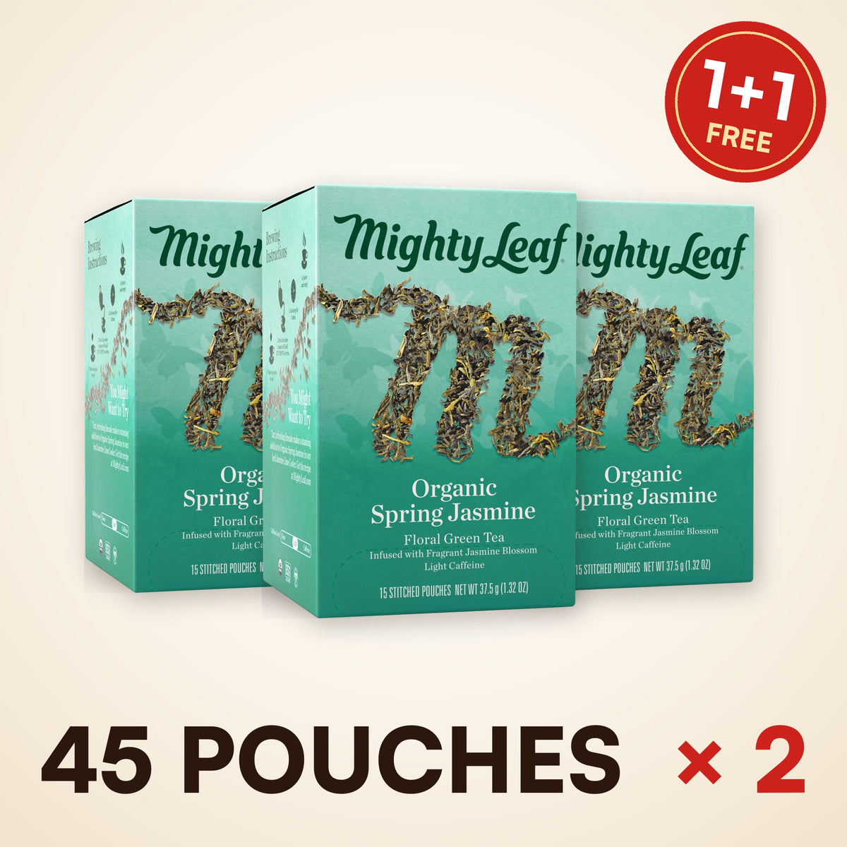1+1 FREE: 90 Mighty Leaf Organic Spring Jasmine tea pouches, best before Dec 9, 2026