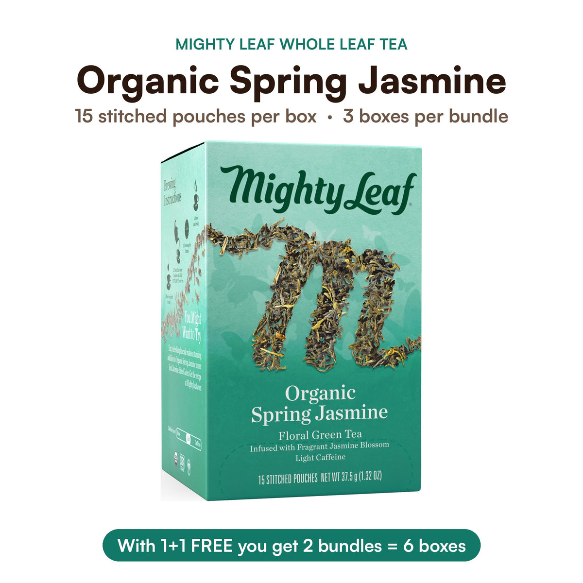 Mighty Leaf Organic Spring Jasmine 15 stitched pouches box; 1+1 FREE = 2 bundles of 3 boxes, best before Dec 9, 2026