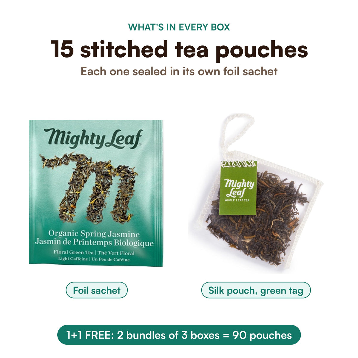 Mighty Leaf Organic Spring Jasmine: 15 stitched tea pouches per box, each in its own foil sachet, best before Dec 9, 2026