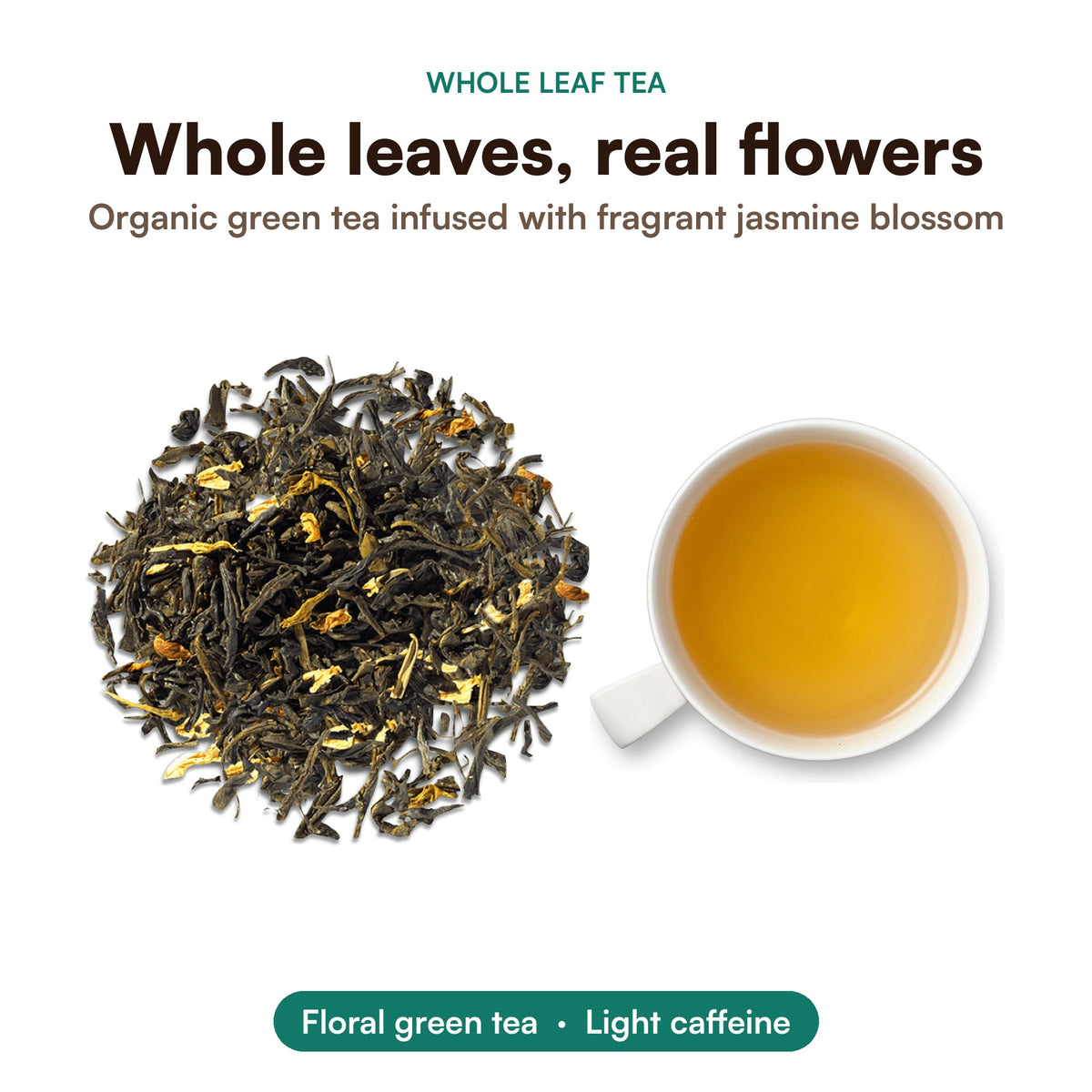 Mighty Leaf Organic Spring Jasmine: whole tea leaves and real flowers, brewed cup, best before Dec 9, 2026