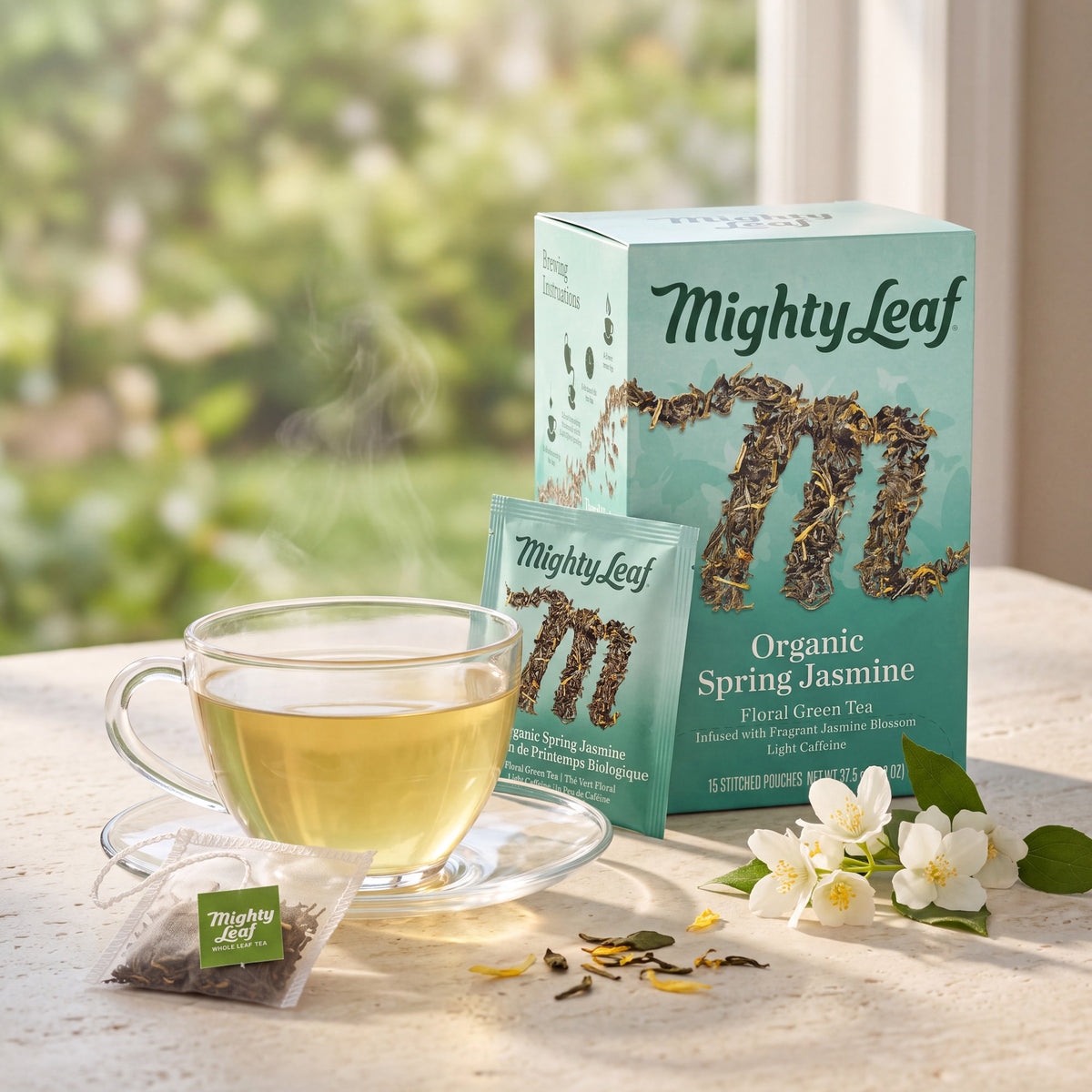 Mighty Leaf Organic Spring Jasmine: carton, foil sachet and hand-stitched tea pouch with a cup of tea, best before Dec 9, 2026