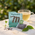 Mighty Leaf Organic Spring Jasmine hand-stitched silk tea pouch on its foil sachet, best before Dec 9, 2026
