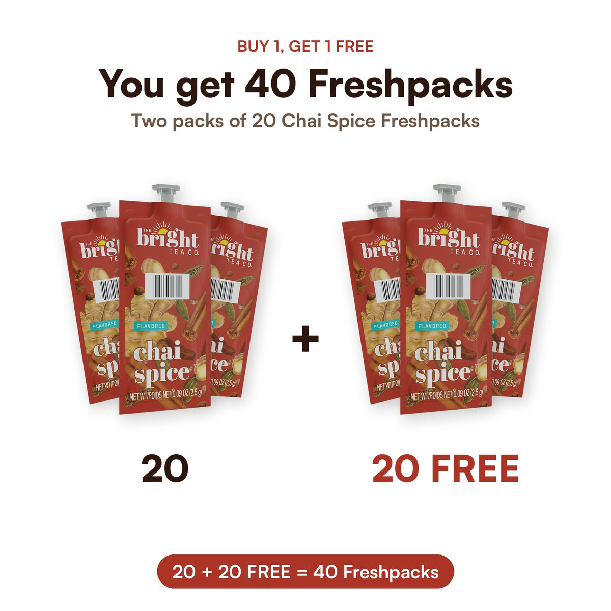 FLAVIA Bright Tea Co. Chai Spice Freshpacks: buy 1, get 1 free = 20 + 20 = 40 Freshpacks, best before Nov 8, 2026