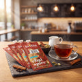 FLAVIA Bright Tea Co. Chai Spice Freshpacks on a tray with a cup of tea, best before Nov 8, 2026