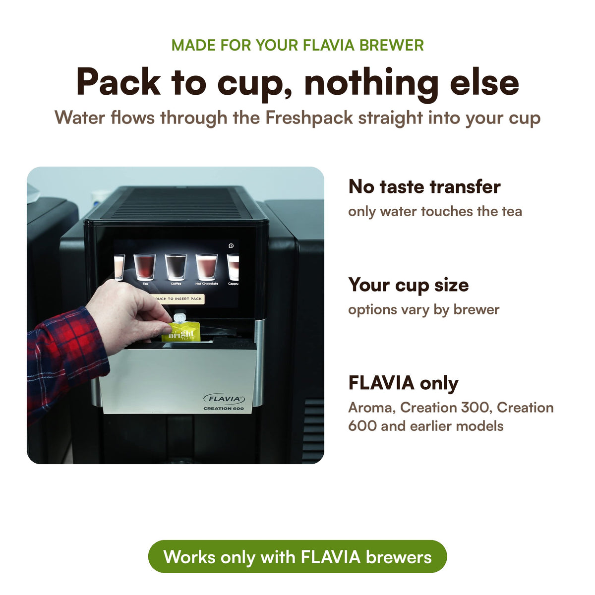 FLAVIA Bright Tea Co. Green Tea with Jasmine Freshpacks: brews pack to cup, works only with FLAVIA brewers, best before Dec 24, 2026